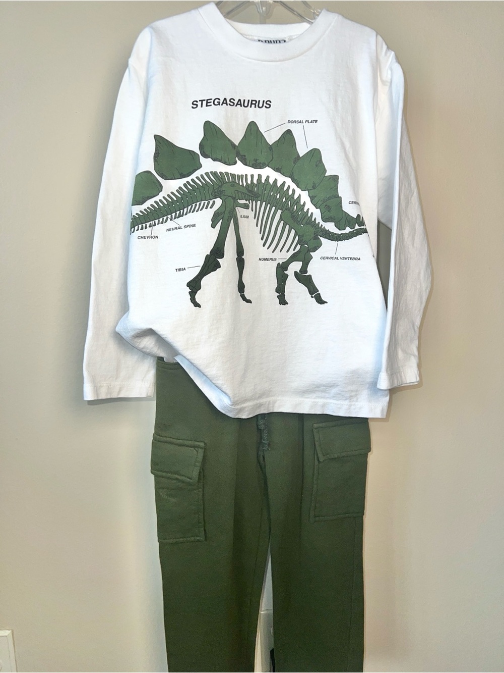 Vintage S.P.UDZ Stegasaurus Graphic Long-Sleeve Tee - White & Army Green - Kids